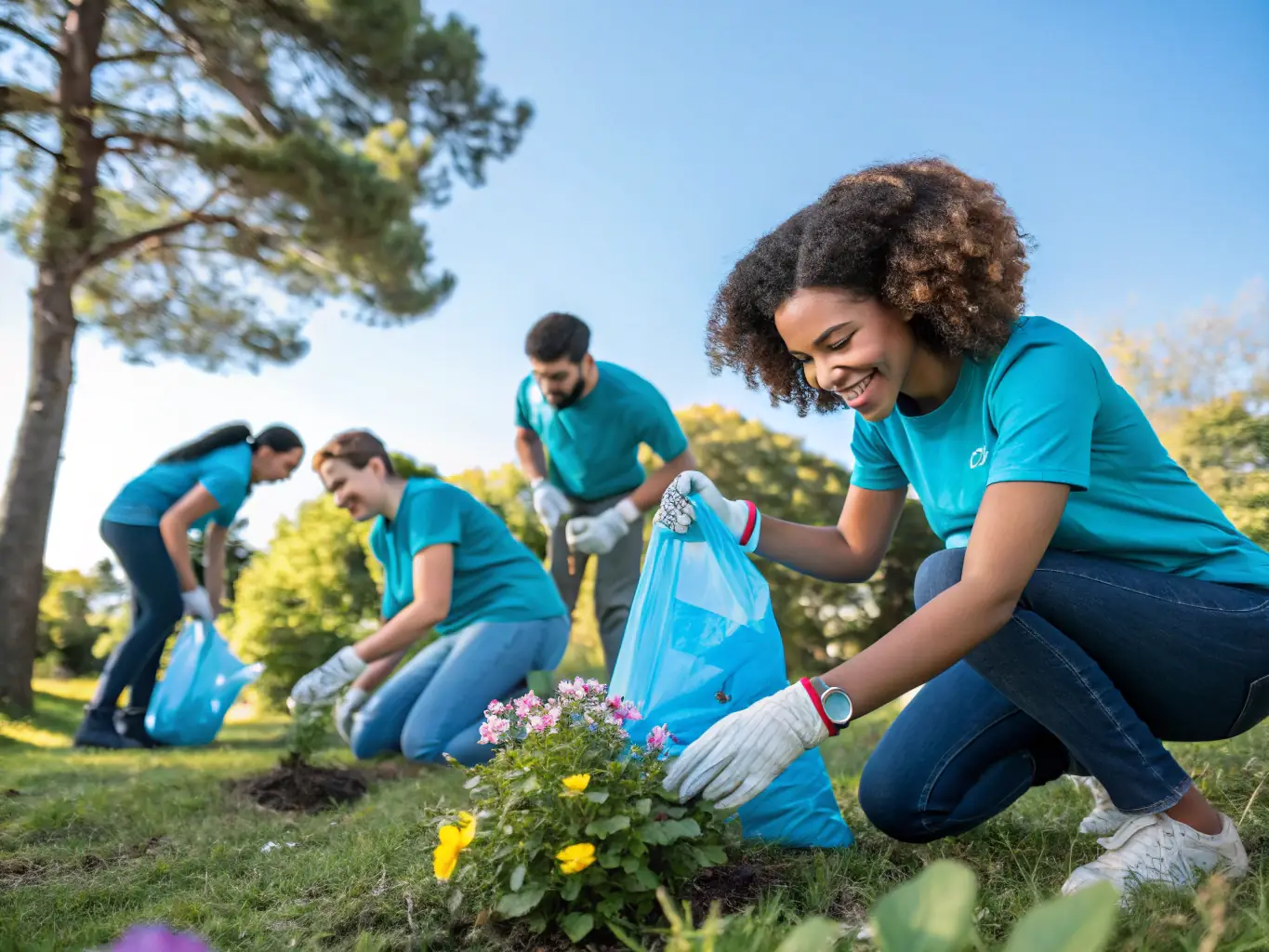 A diverse group of volunteers participating in a community service project, symbolizing American charity and compassion. They are cleaning up a local park, demonstrating their commitment to improving their community and embodying the spirit of giving back.