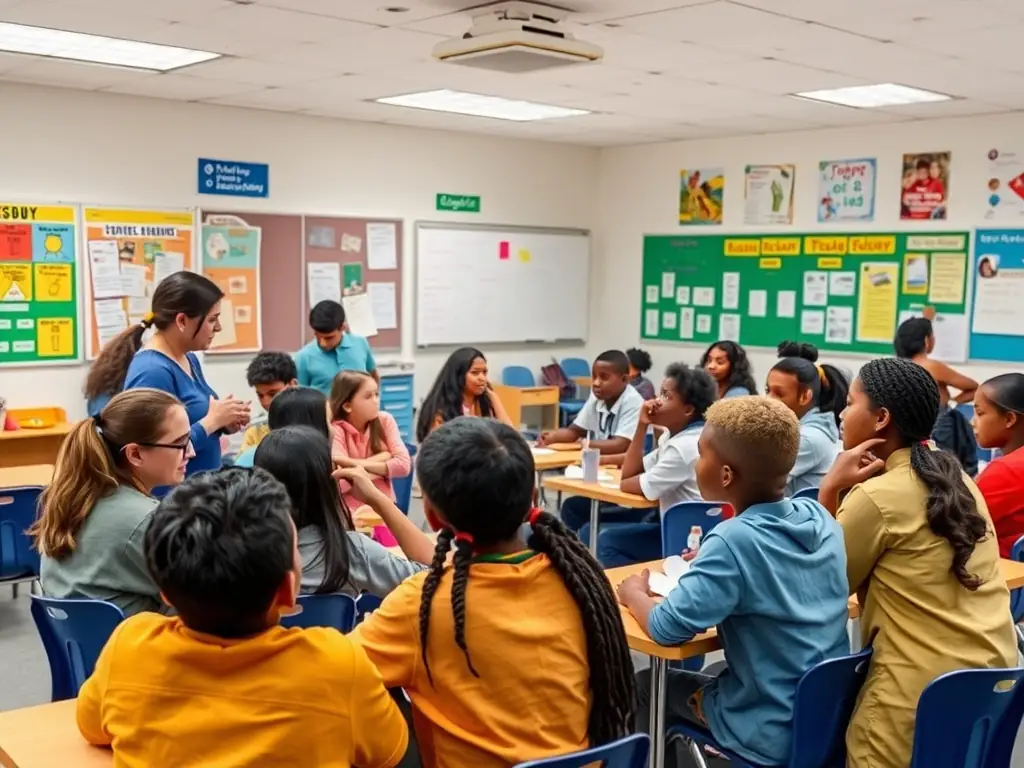 A classroom scene with students actively participating in a discussion about the importance of freedom of speech and expression in American society. The teacher is facilitating a respectful debate, encouraging students to share their perspectives and engage in critical thinking.